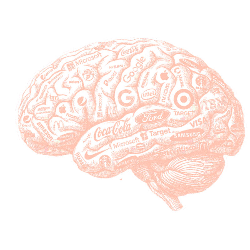 Halftone etching of a human brain covered in brand logos
