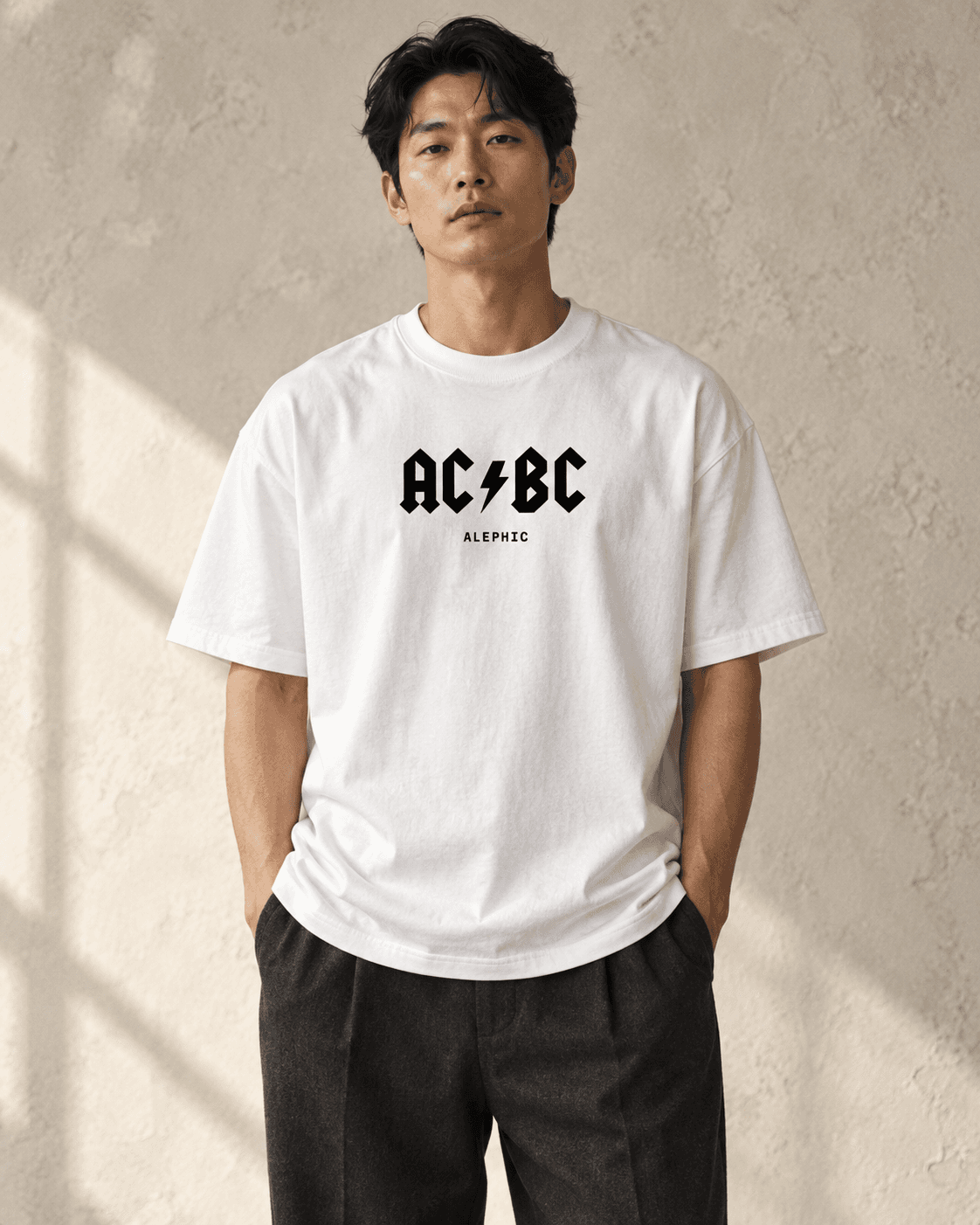 ACBC Heavy Tee in White worn on a model, AI styling mockup
