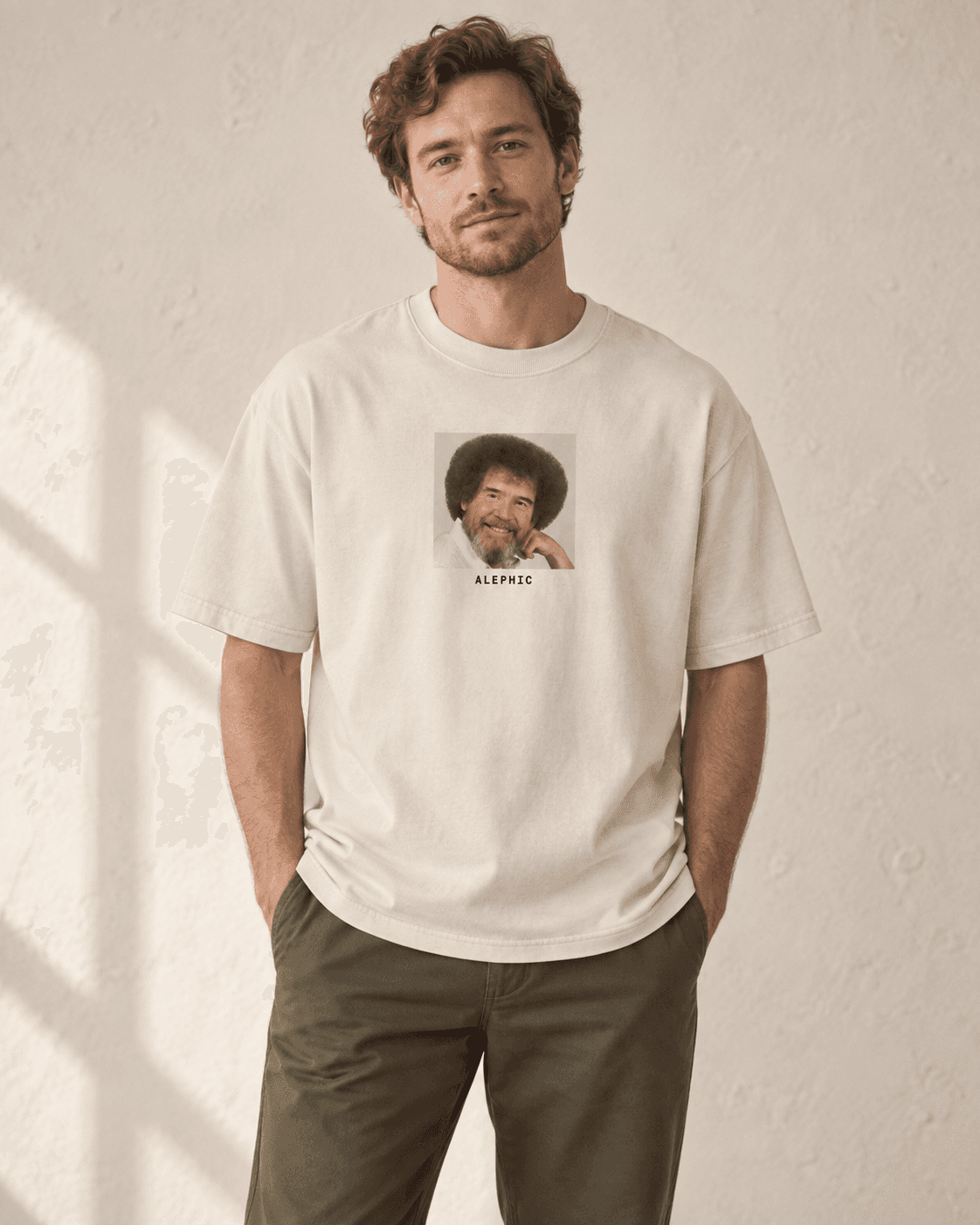 Bob Ross Heavy Tee in Ecru worn on a model, AI styling mockup