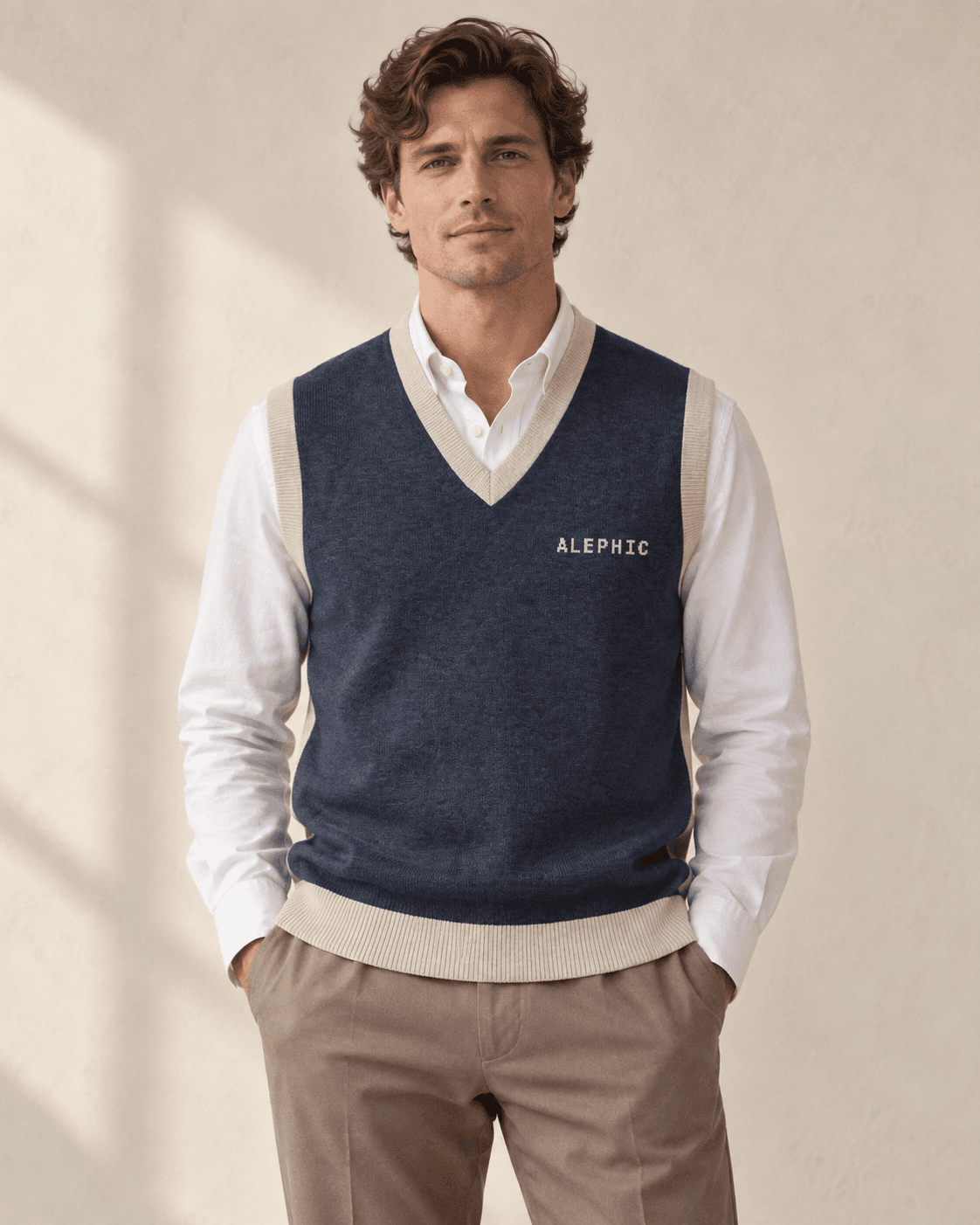 Alephic Club Vest in Navy / Sand worn on a model, AI styling mockup