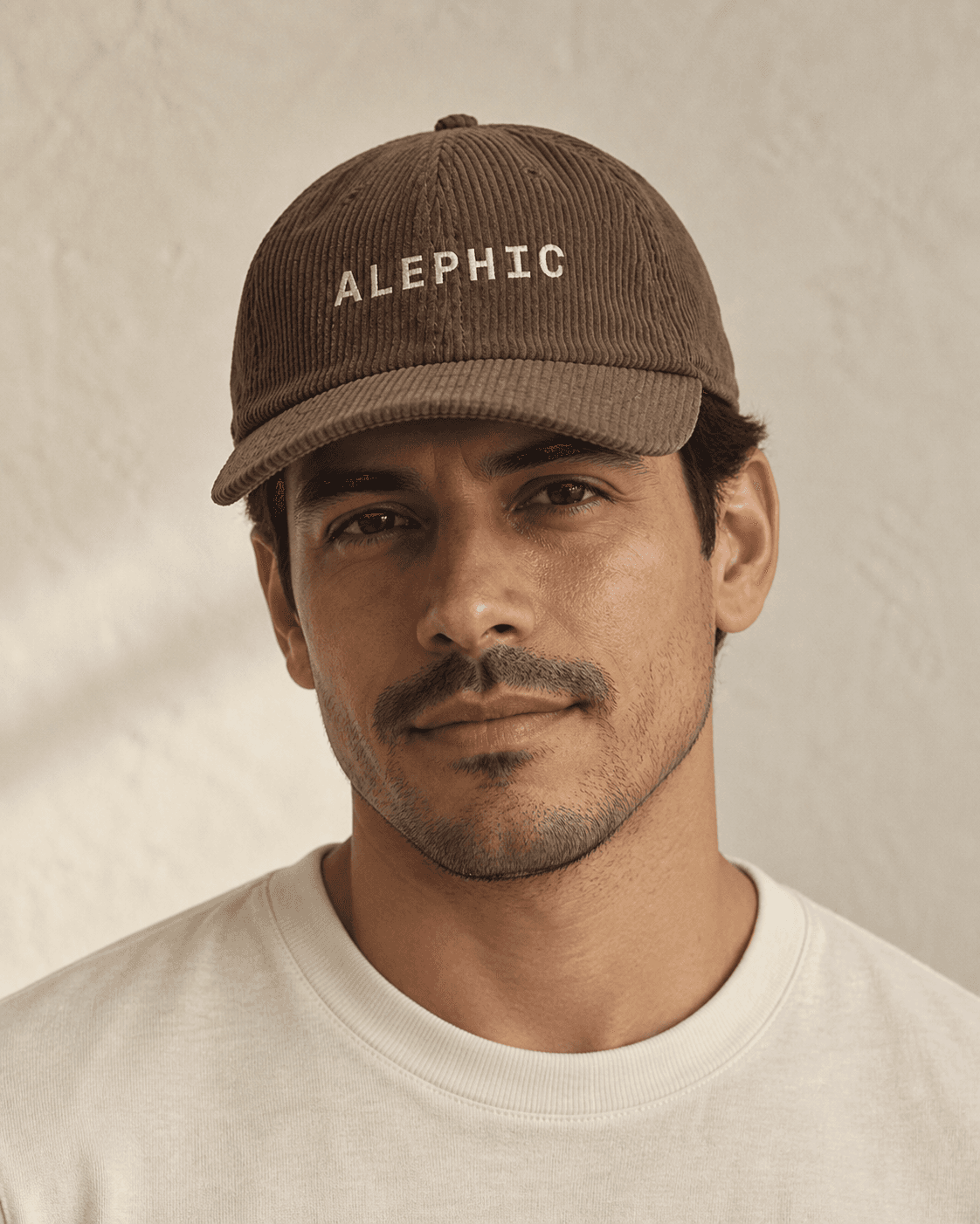 Alephic Cord Cap in Walnut worn on a model, AI styling mockup