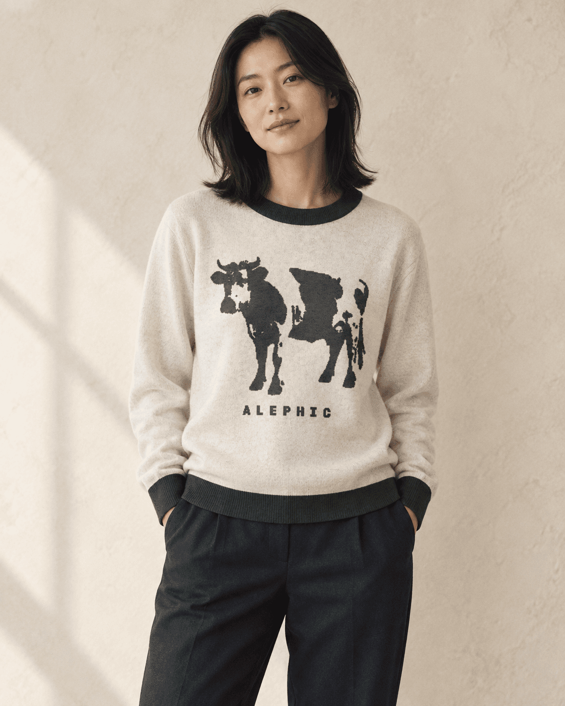 Alephic Cow Knit on a model, AI styling mockup