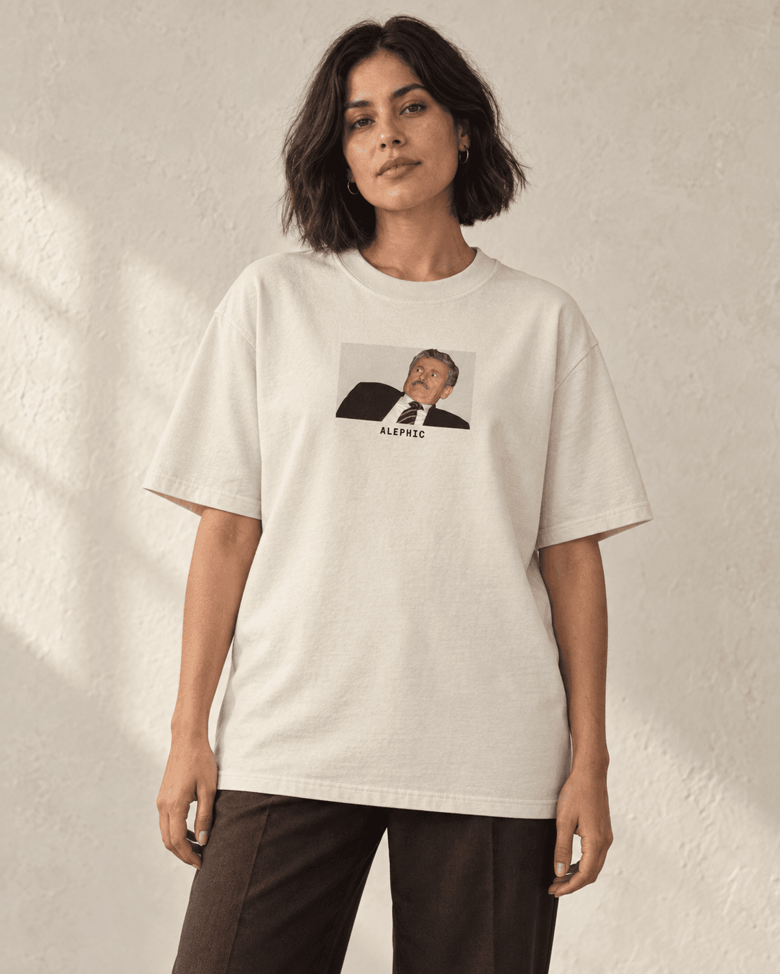 Do Not Want Heavy Tee in Ecru worn on a model, AI styling mockup