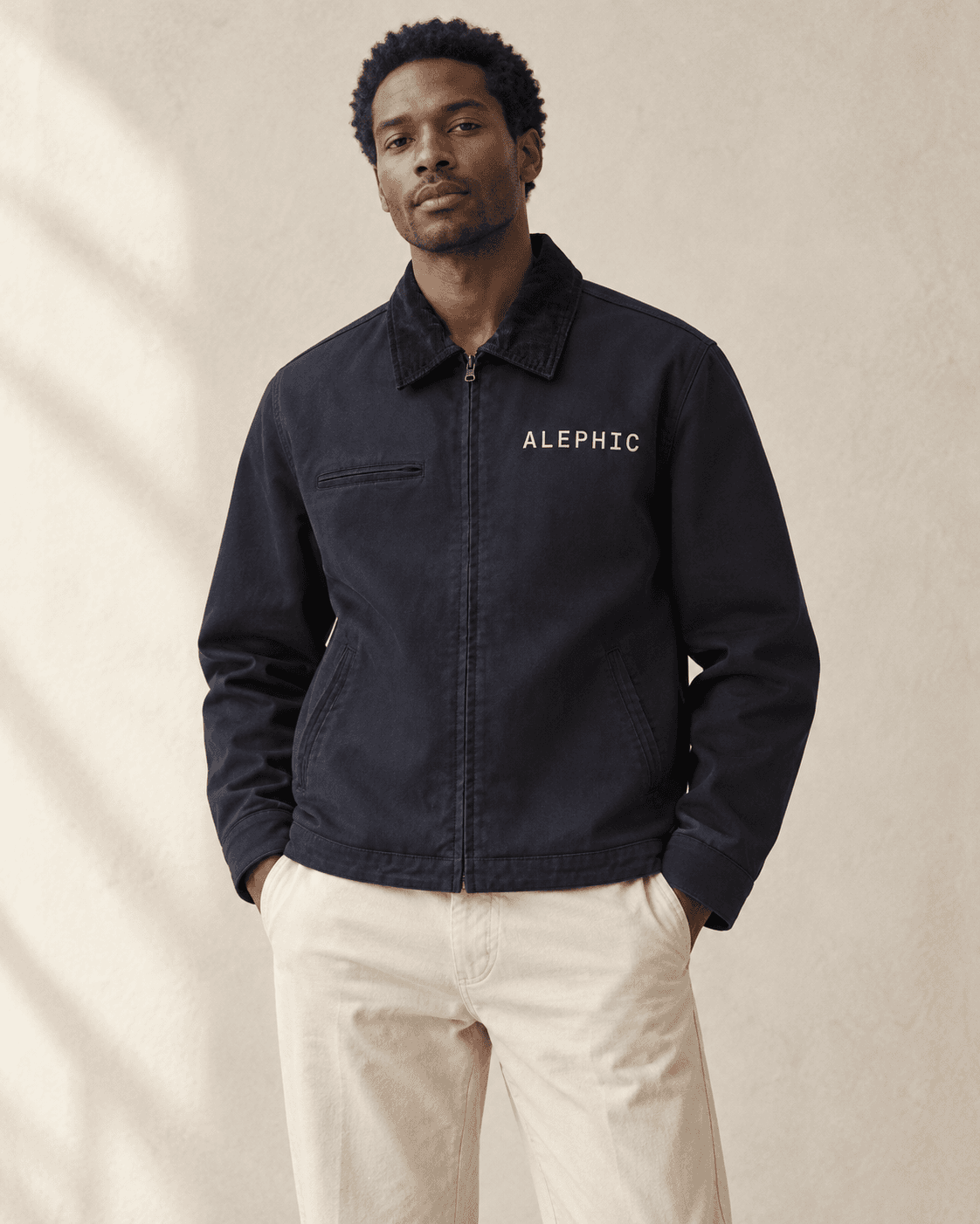 Alephic Field Jacket on a model, AI styling mockup