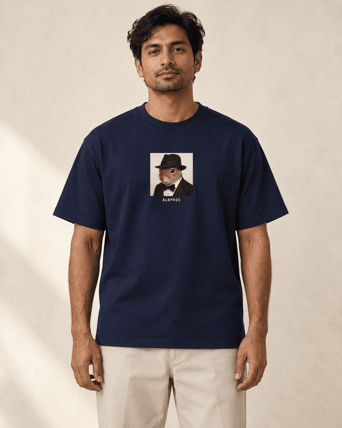 LGTM Heavy Tee in Navy worn on a model, AI styling mockup