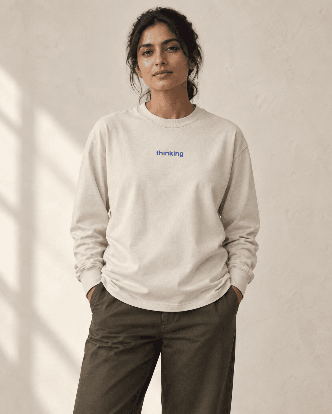 Thinking Heavy Long Sleeve in Ecru worn on a model, AI styling mockup