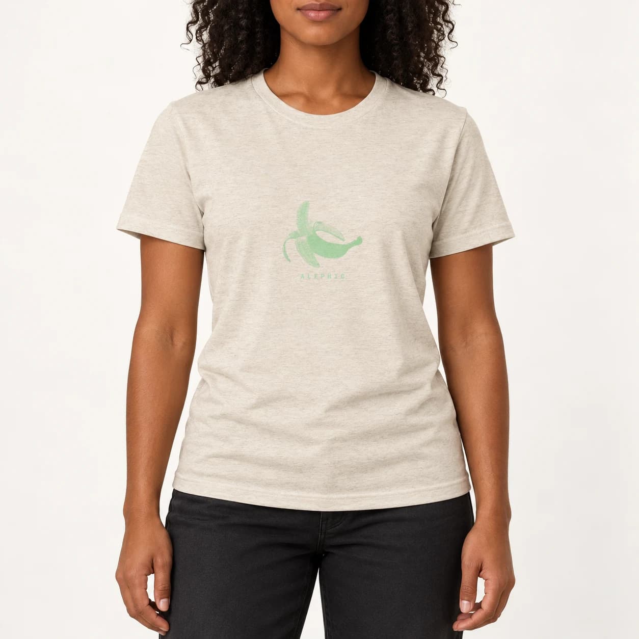 Alephic Banana Soft Triblend Tee in Oatmeal Triblend worn on a model, AI styling preview