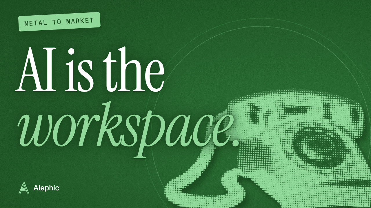 AI is the workspace. Metal to Market episode thumbnail with a green halftone telephone and Alephic branding.
